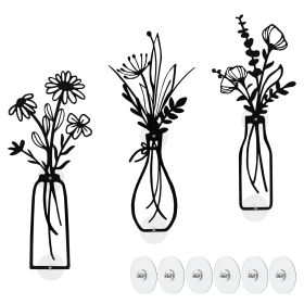 3-Piece Metal Vase Floral Wall Art - Rustic Farmhouse Decor Metal Wall Art Black Minimalist Floral Nature Theme Wall Decor Suitable for Home Bedroom D