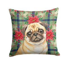 Fawn Pug Christmas PoinsettIas Throw Pillow Decorative Indoor Outdoor Accent Cushion for Couch, Bed or Patio, 14Hx14W