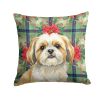 Gold and White Shih Tzu Christmas PoinsettIas Throw Pillow Decorative Indoor Outdoor Accent Cushion for Couch, Bed or Patio, 18Hx18W