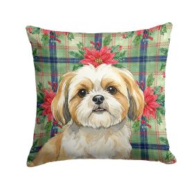 Gold and White Shih Tzu Christmas PoinsettIas Throw Pillow Decorative Indoor Outdoor Accent Cushion for Couch, Bed or Patio, 18Hx18W