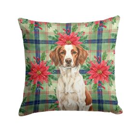 Liver and White Brittany Christmas PoinsettIas Throw Pillow Decorative Indoor Outdoor Accent Cushion for Couch, Bed or Patio, 14Hx14W