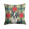 Boston Terrier Christmas PoinsettIas Throw Pillow Decorative Indoor Outdoor Accent Cushion for Couch, Bed or Patio, 14Hx14W