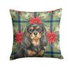 Black and Tan Cavalier Spaniel Christmas PoinsettIas Throw Pillow Decorative Indoor Outdoor Accent Cushion for Couch, Bed or Patio, 14Hx14W