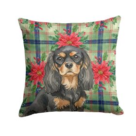 Black and Tan Cavalier Spaniel Christmas PoinsettIas Throw Pillow Decorative Indoor Outdoor Accent Cushion for Couch, Bed or Patio, 14Hx14W