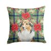 Sable Sheltie Christmas PoinsettIas Throw Pillow Decorative Indoor Outdoor Accent Cushion for Couch, Bed or Patio, 18Hx18W