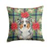 Blue Merle Australian Shepherd Christmas PoinsettIas Throw Pillow Decorative Indoor Outdoor Accent Cushion for Couch, Bed or Patio, 14Hx14W