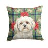 White Lhasa Apso Christmas PoinsettIas Throw Pillow Decorative Indoor Outdoor Accent Cushion for Couch, Bed or Patio, 18Hx18W