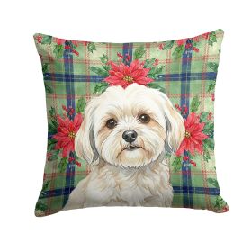 White Lhasa Apso Christmas PoinsettIas Throw Pillow Decorative Indoor Outdoor Accent Cushion for Couch, Bed or Patio, 18Hx18W