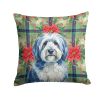 Blue and White Old English Sheepdog Christmas PoinsettIas Throw Pillow Decorative Indoor Outdoor Accent Cushion for Couch, Bed or Patio, 18Hx18W