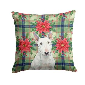 White Miniature Bull Terrier Christmas PoinsettIas Throw Pillow Decorative Indoor Outdoor Accent Cushion for Couch, Bed or Patio, 18Hx18W