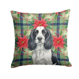 Black and White English Springer Spaniel Christmas PoinsettIas Throw Pillow Decorative Indoor Outdoor Accent Cushion for Couch, Bed or Patio, 18Hx18W