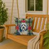 Blue and White Old English Sheepdog Christmas PoinsettIas Throw Pillow Decorative Indoor Outdoor Accent Cushion for Couch, Bed or Patio, 18Hx18W
