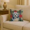 Blue and White Old English Sheepdog Christmas PoinsettIas Throw Pillow Decorative Indoor Outdoor Accent Cushion for Couch, Bed or Patio, 18Hx18W
